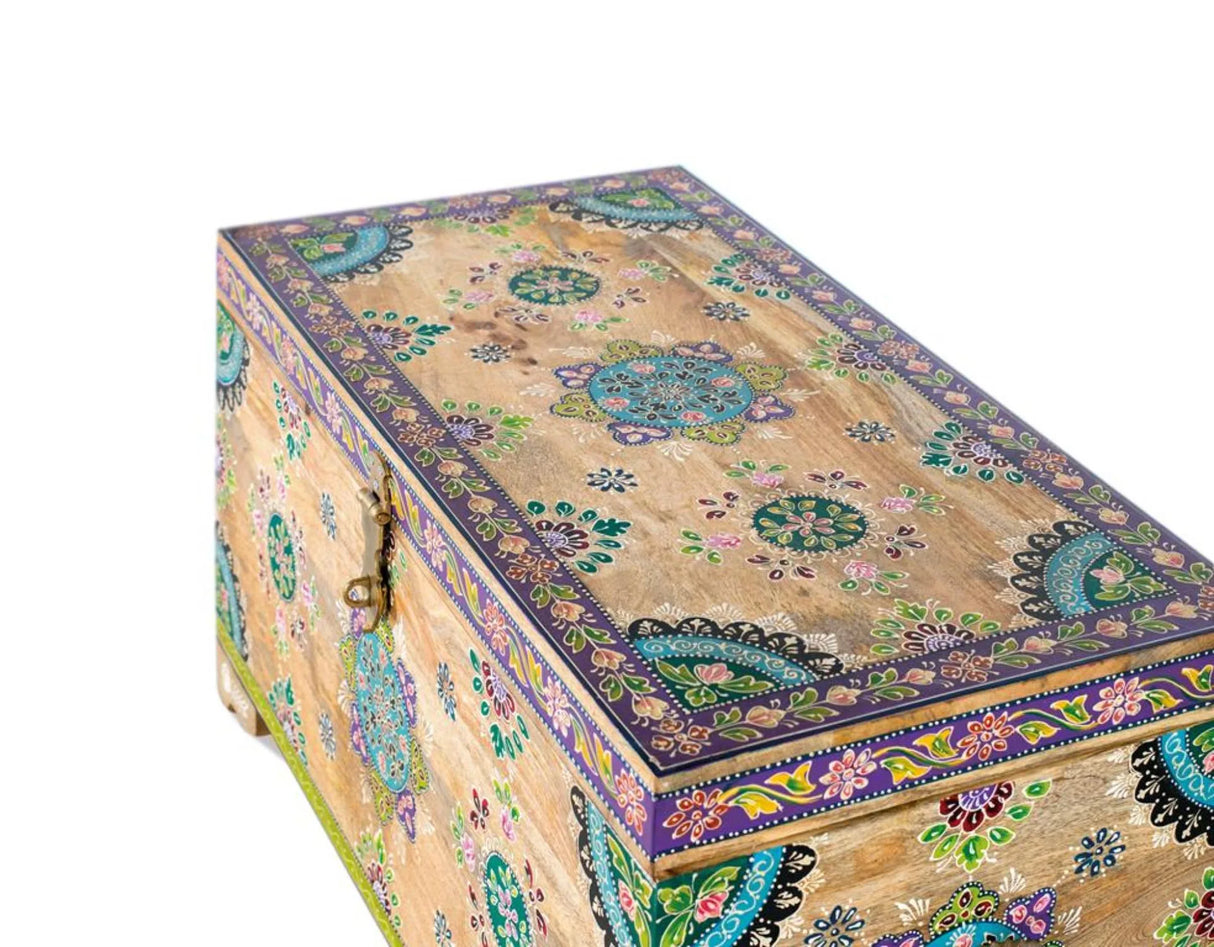 Giner and Colomer - Mango Wood Trunk With Hinged Lid & Multicolored Hand-Painted Details