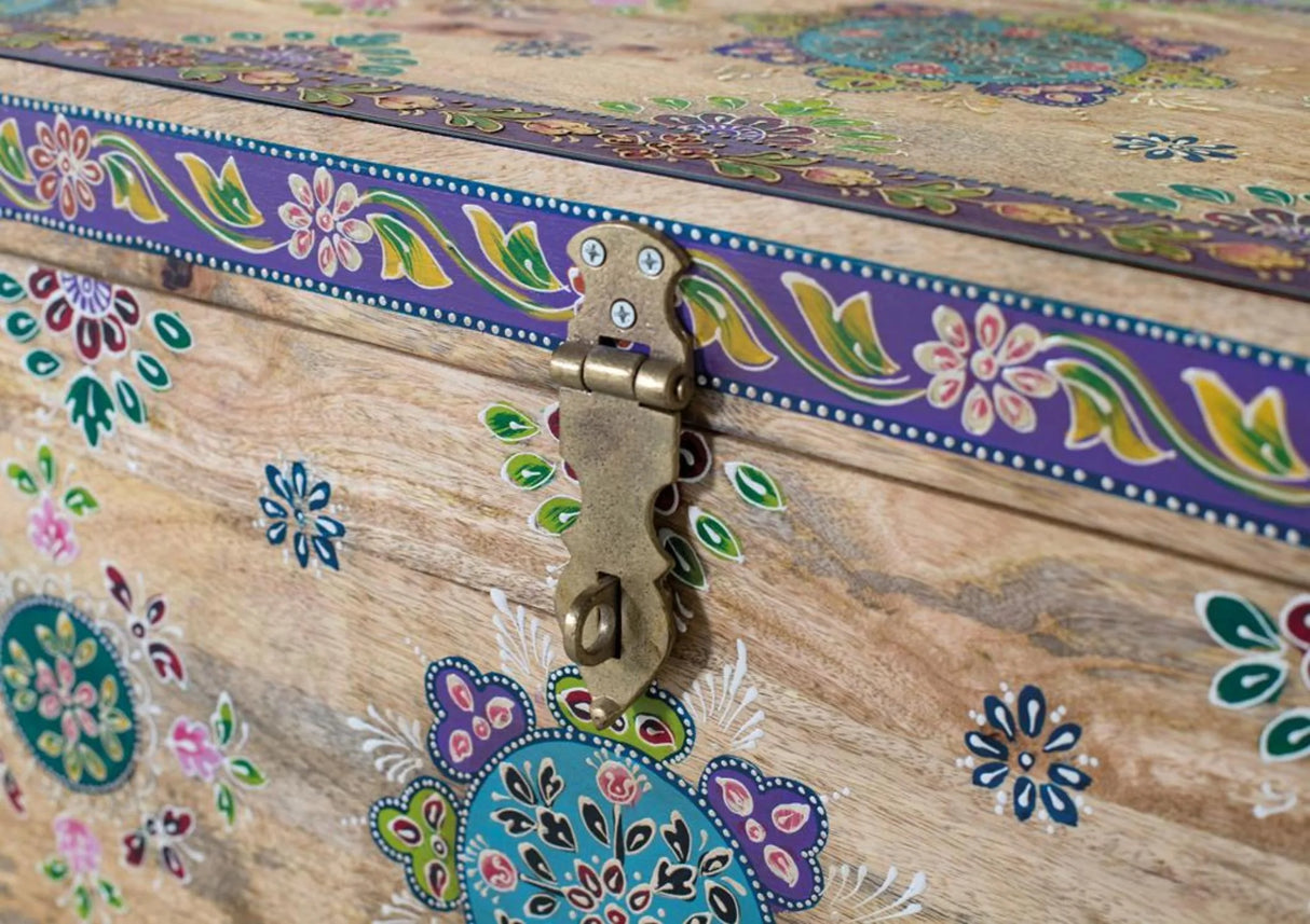 Giner and Colomer - Mango Wood Trunk With Hinged Lid & Multicolored Hand-Painted Details