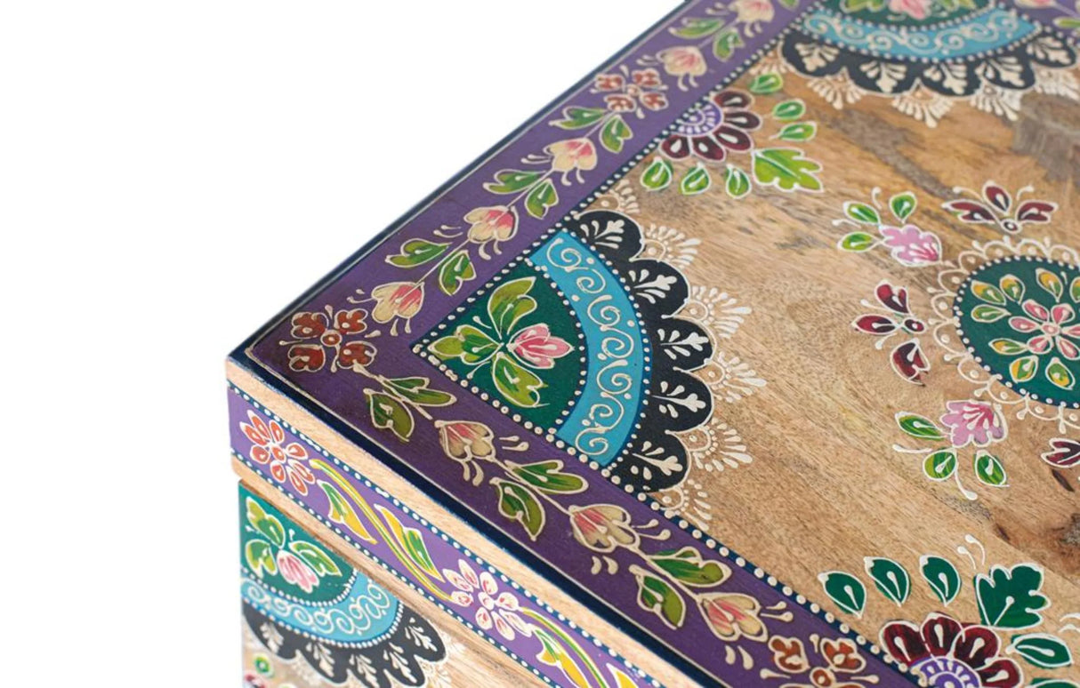 Giner and Colomer - Mango Wood Trunk With Hinged Lid & Multicolored Hand-Painted Details