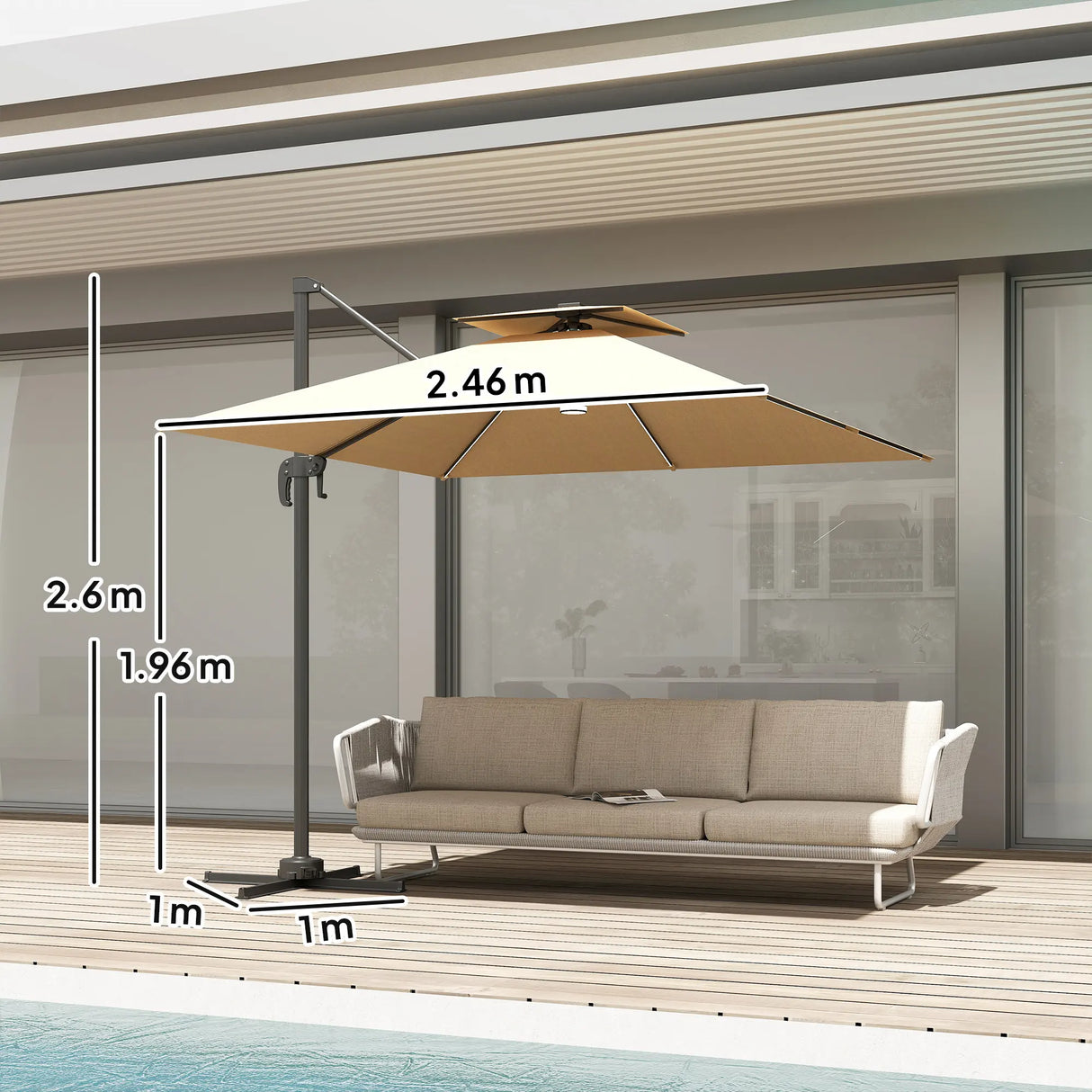 Outsunny 2.5m Cantilever Parasol with Solar Powered LED Lights, 360 Rotation, Tilt Adjustment, Crank Handle, Khaki