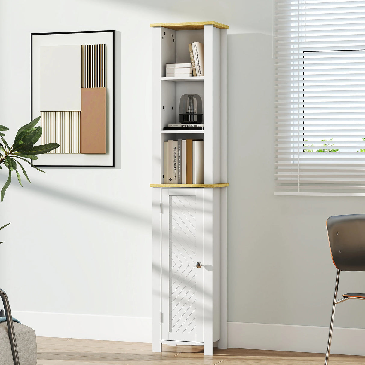 kleankin Slim Bathroom Storage Unit with Open Compartment, Bathroom Storage Cabinet with Adjustable Shelf, 34 x 23 x 165 cm, White