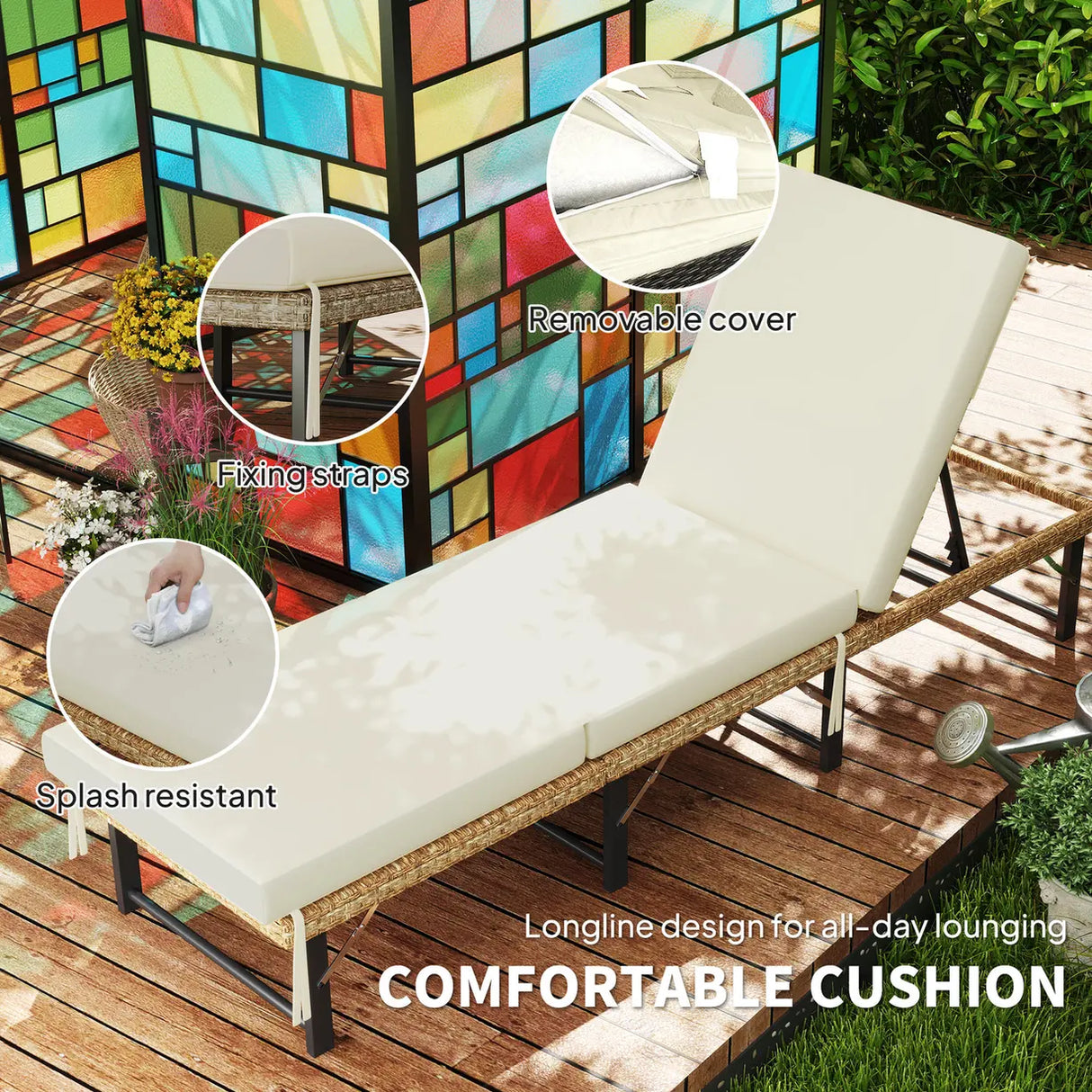 Outsunny Single Folding Rattan Sun Lounger, with Cushion - Grey