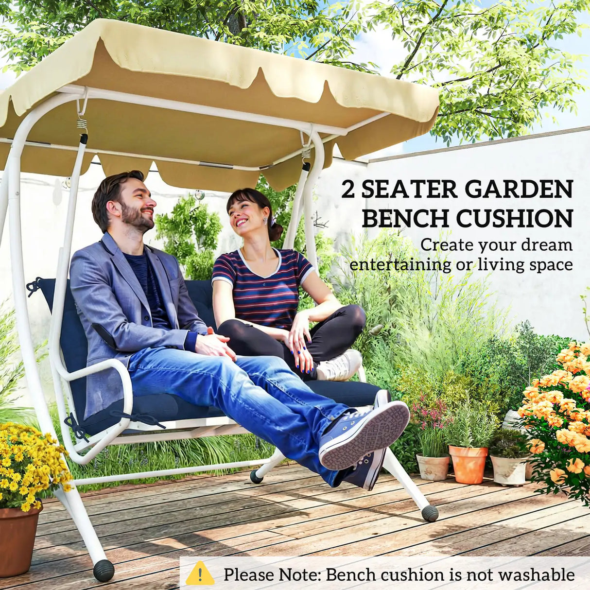 Outsunny 2 Seater Bench Pad, Garden Chair Cushion with Back and Ties for Indoor and Outdoor Use, 98 x 100 cm, Dark Blue