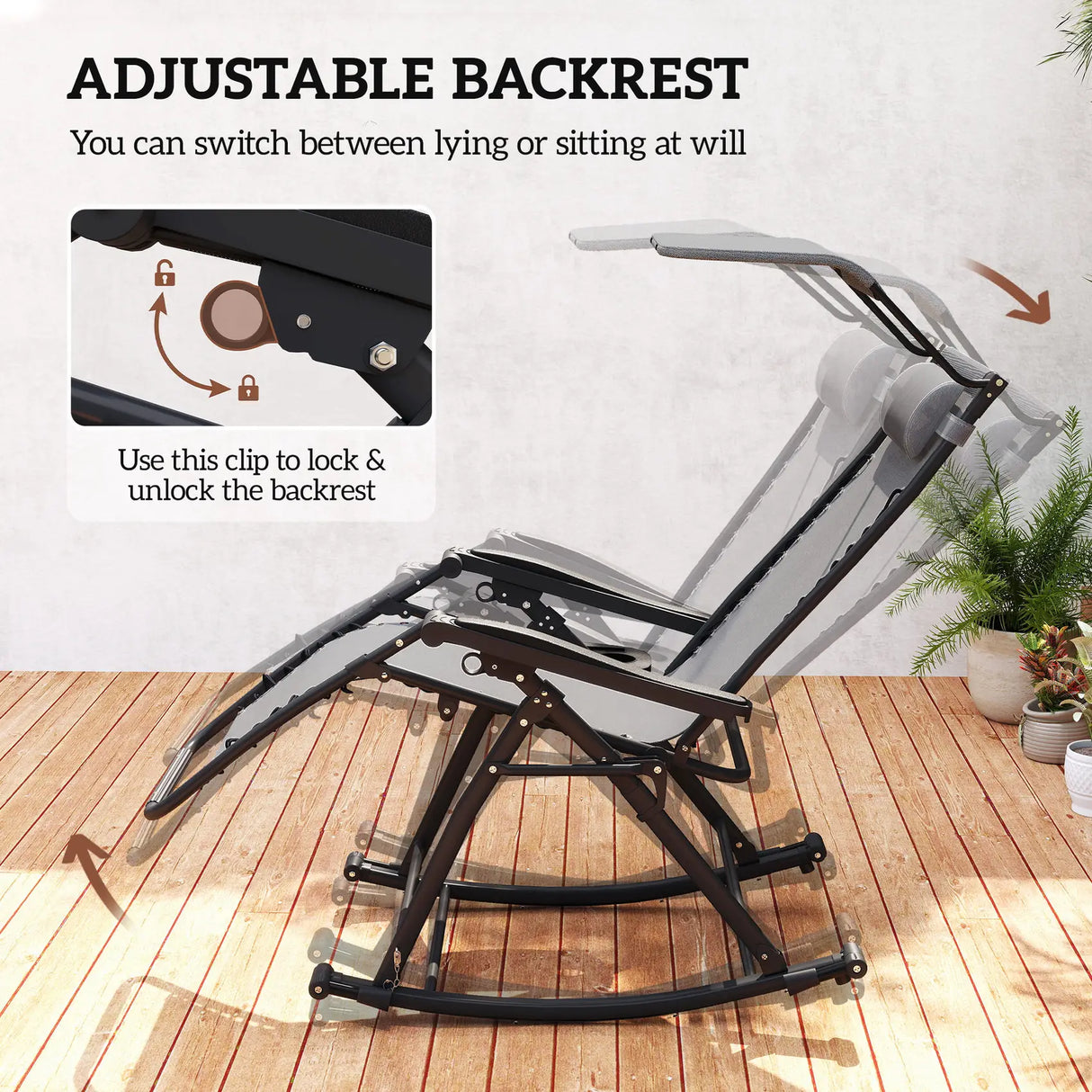 Outsunny Garden Rocking Chair Folding Recliner Outdoor Adjustable Sun Lounger Rocker Zero-Gravity Seat with Headrest Side Holder Patio Deck - Grey