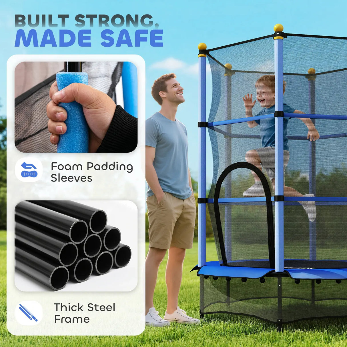 HOMCOM 4.6FT/55" Kids Trampoline with Safety Enclosure, Outdoor Indoor Use, for Ages 3-10 Years, Blue