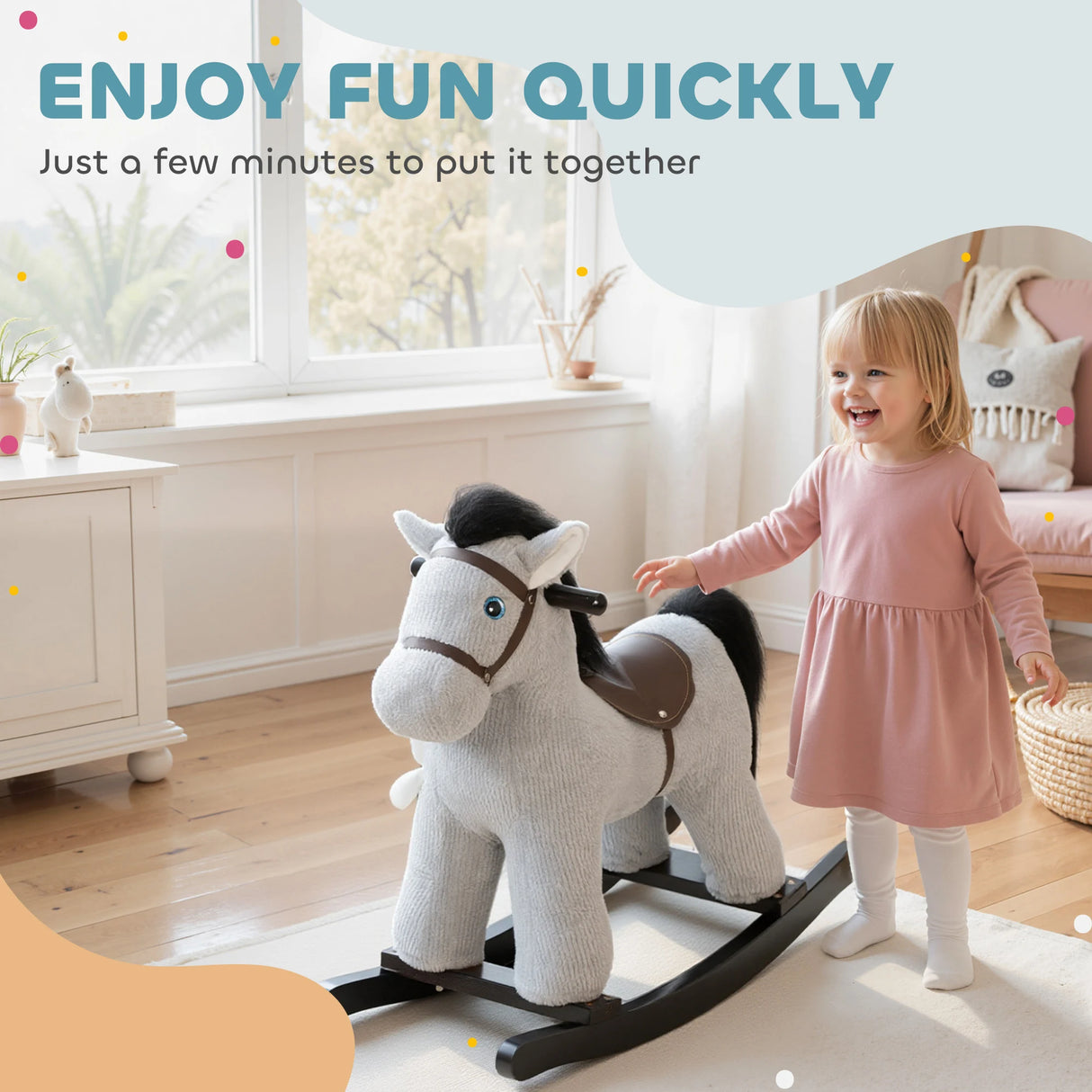 AIYAPLAY Baby Rocking Horse, Plush Ride on Toy with Handle Grip, Sound and Doll, Toddler Animal Rocker for Kids Aged 25, Grey