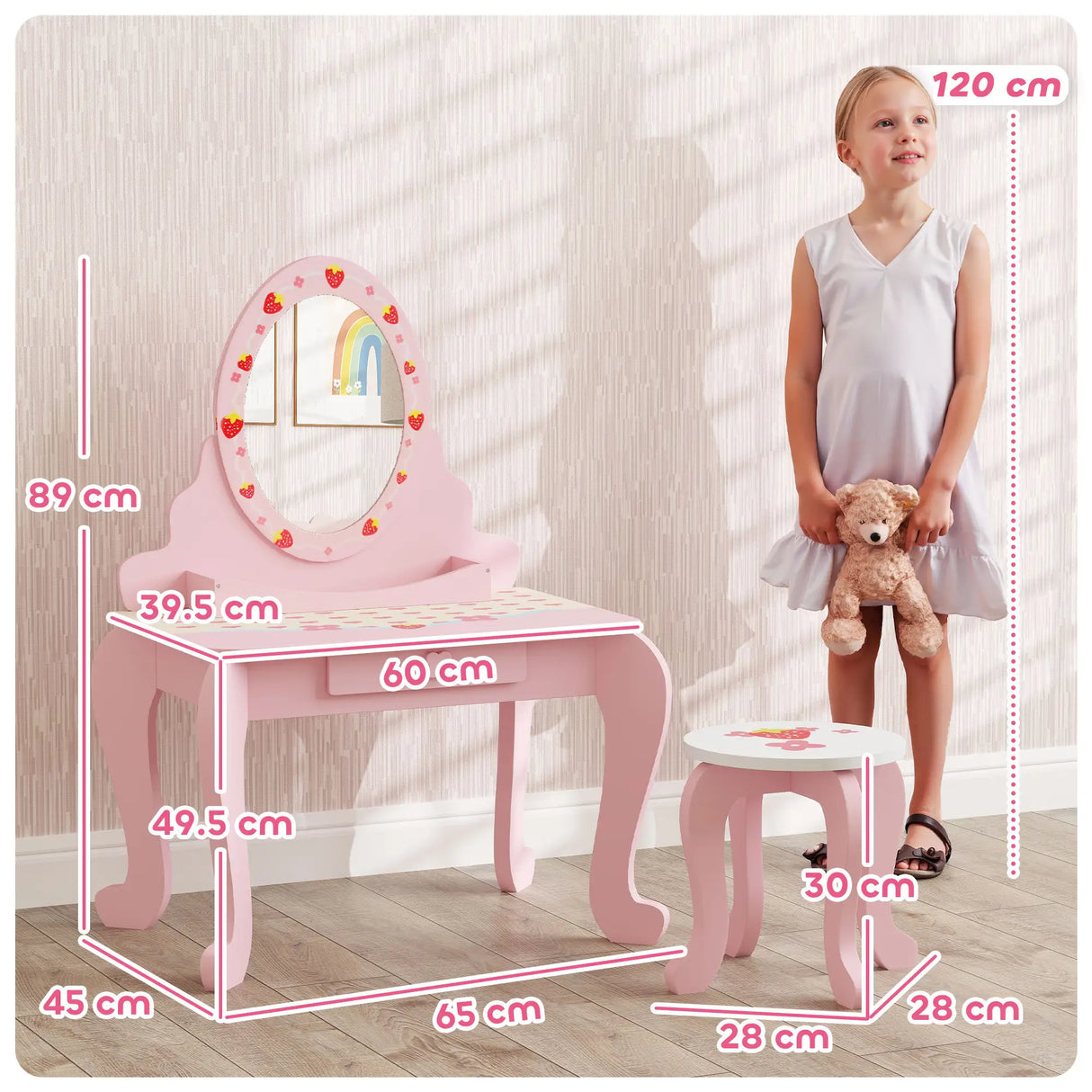AIYAPLAY Kids Dressing Table Set, Vanity Table with Stool, Mirror, Drawer, Desktop, Storage, Strawberry-Theme, Pink
