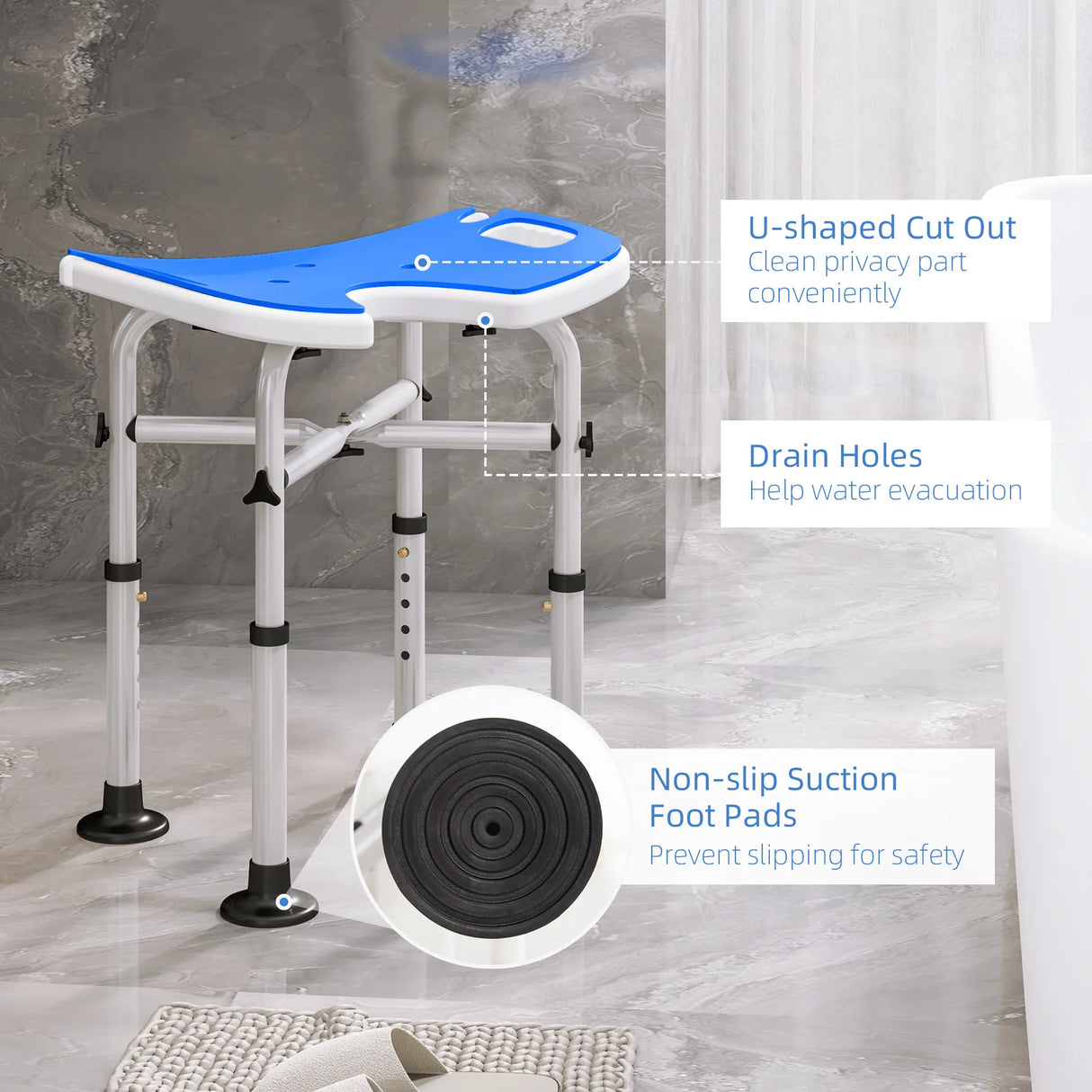 HOMCOM 39-51.5cm 'U' Seat Padded Shower Stool - Dark Blue
