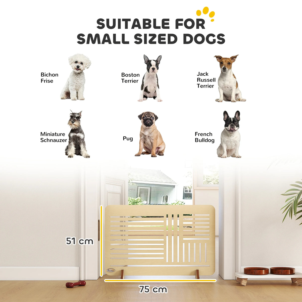 PawHut Freestanding Pet Gate, Portable Dog Barrier Gate with Feet for Small Breeds, 75 x 51 cm, Natural Wood