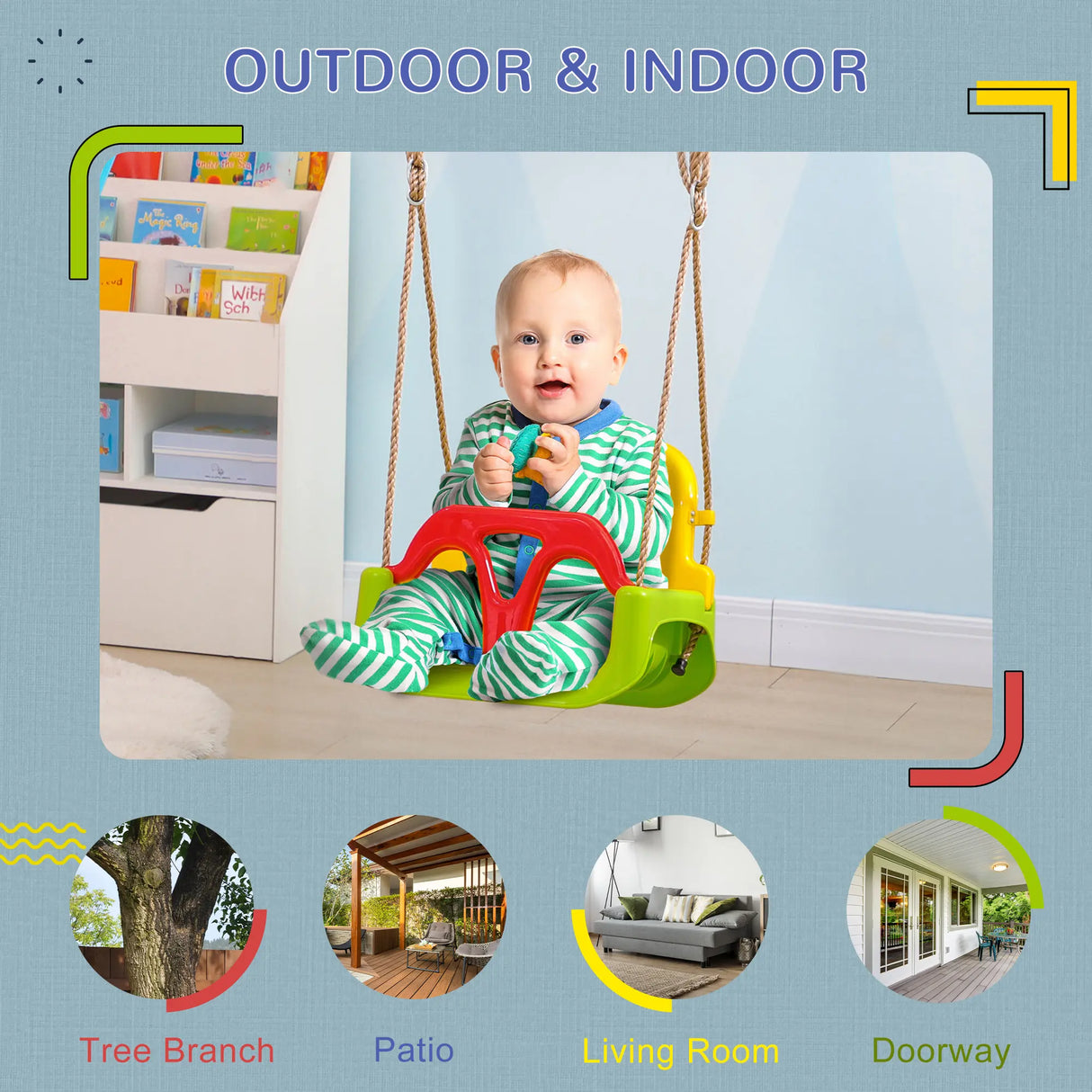 Outsunny 3 in 1 Detachable Kids Swing Seat with Safety Belt, Adjustable Rope for Indoor, Outdoor, Playground, Garden, Green