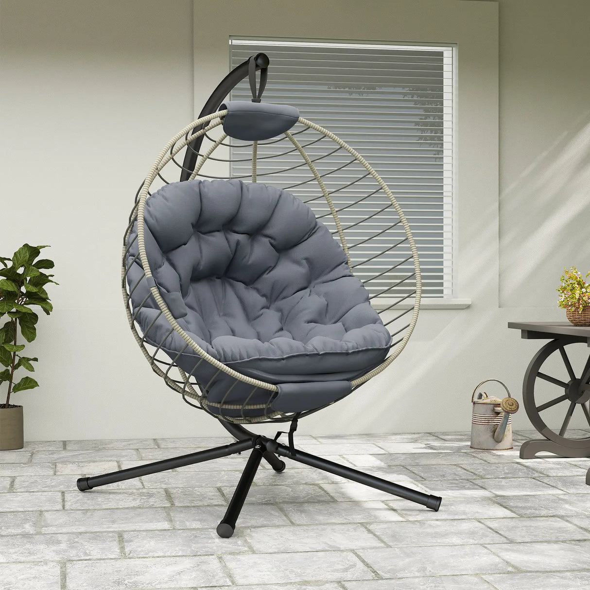 Outsunny PE Rattan Swing Chair, Outdoor Hanging Chair with Metal Stand, Thick Padded Cushion, Foldable Basket and Cup Holder, for Indoor and Outdoor, Grey