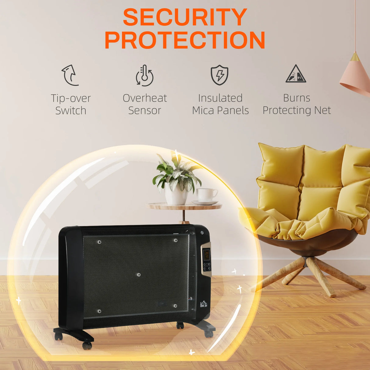 HOMCOM Mica Electric Space Heater, Portable Heater for Home with 2 Heat Settings, Living Room, Study, Garage, Adjustable Temperature 18-30C, 1000W/2000W, Black