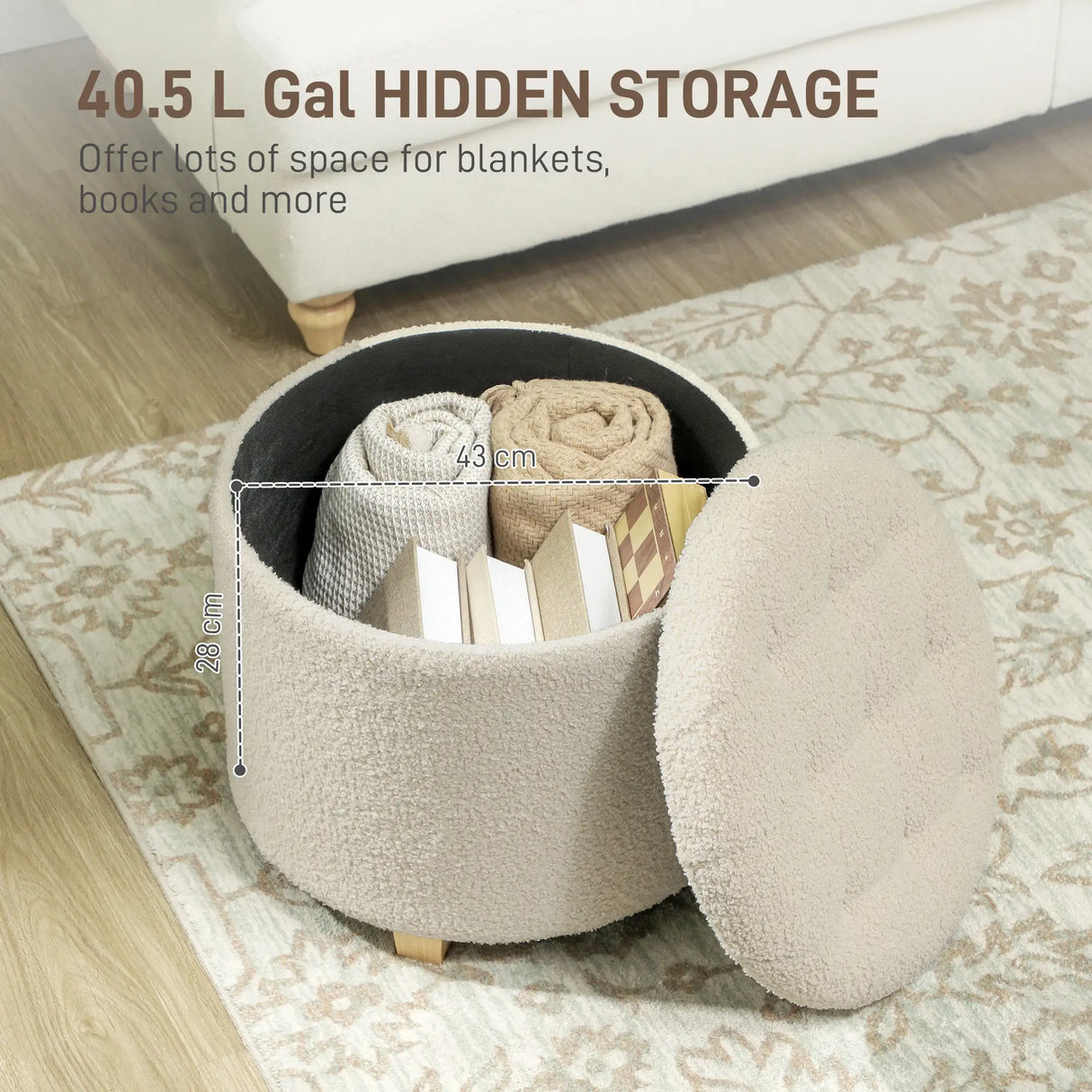 HOMCOM 40.5L Teddy Fleece Storage Ottoman - Cream White