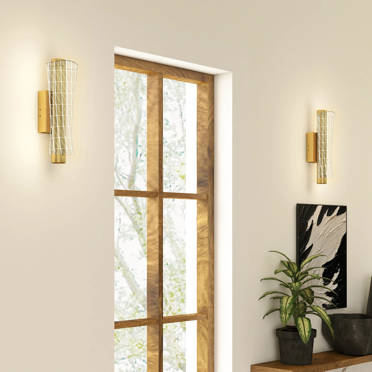 HOMCOM Led Wall Lamp 2 Pack, 9W Modern Indoor Geometric Mesh Wall Light, Colour Temperature Adjustable 3000K/4000K/6500K for Bedroom, Living Room, Hallway, Stairs, Gold Tone