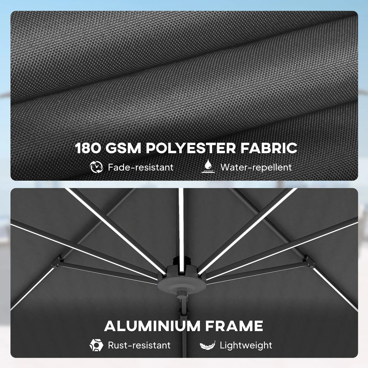 Outsunny 3(m) Adjustable Cantilever Parasol with Base, Solar LED Lights, Dark Grey