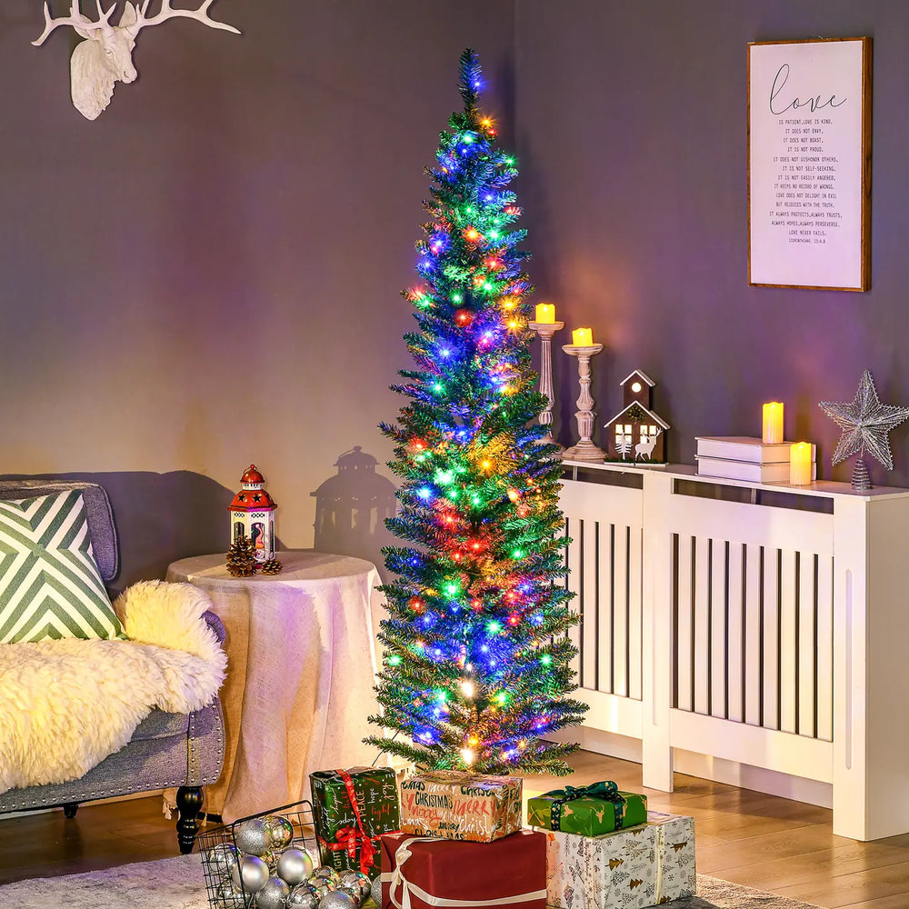 HOMCOM 6' Artificial Prelit Christmas Trees Holiday Dcor with Colourful LED Lights, Pencil Shape, Steel Base
