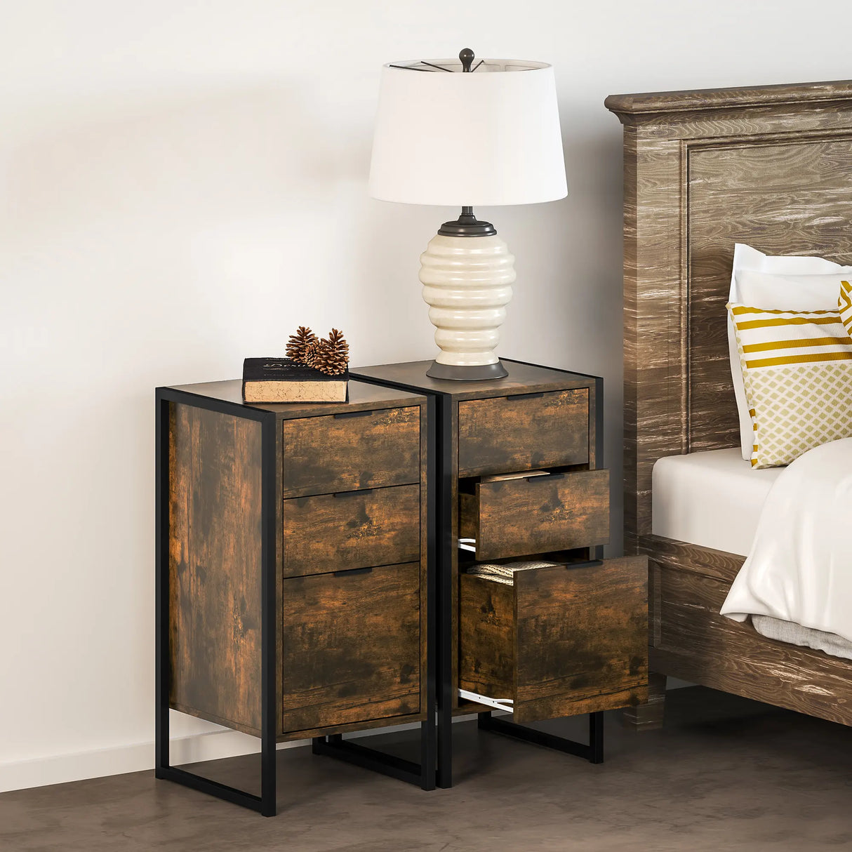 HOMCOM Bedroom Chest of Drawers Set of 2, Industrial 3-Drawer Dresser, Storage Drawers Unit with Metal Frame for Living Room, Rustic Brown