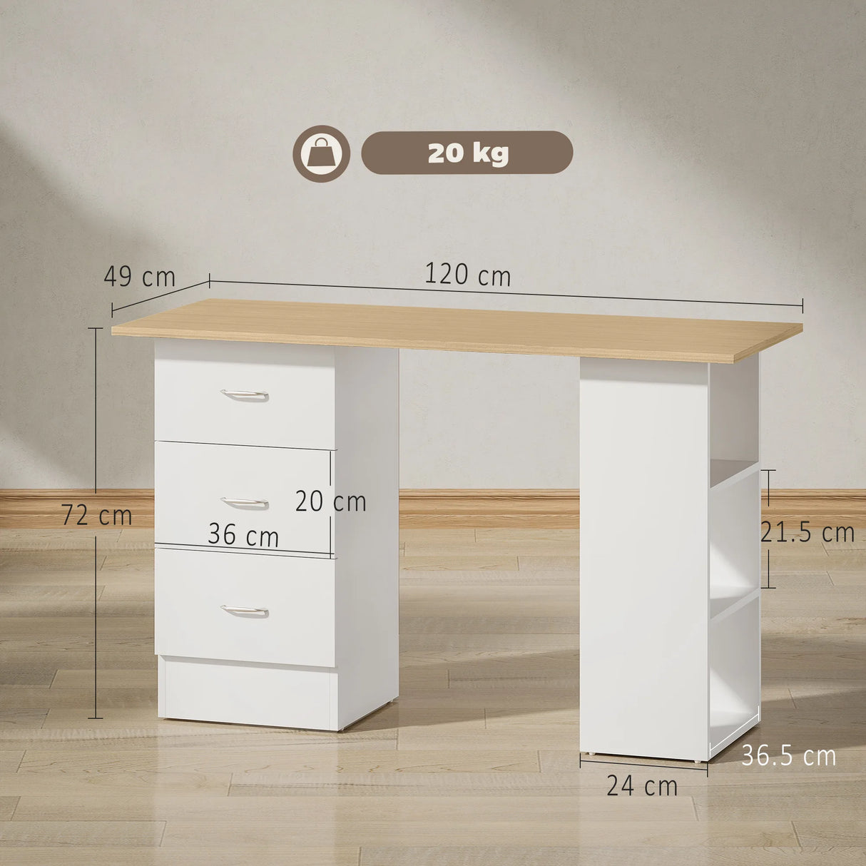 HOMCOM Computer Desk, Writing Table, PC Workstation with 3 Storage Shelves and Drawers, Silver Handle, for Home Office, Natural Wood Finish and White