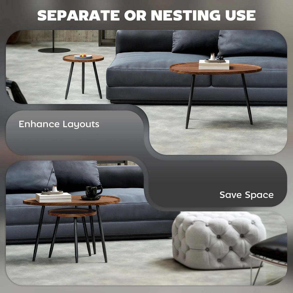 HOMCOM Nesting Coffee Table Set of 2, 80cm Modern Stacking End Side Table with Metal Legs for Living Room Bedroom Office, Chestnut Wood Effect