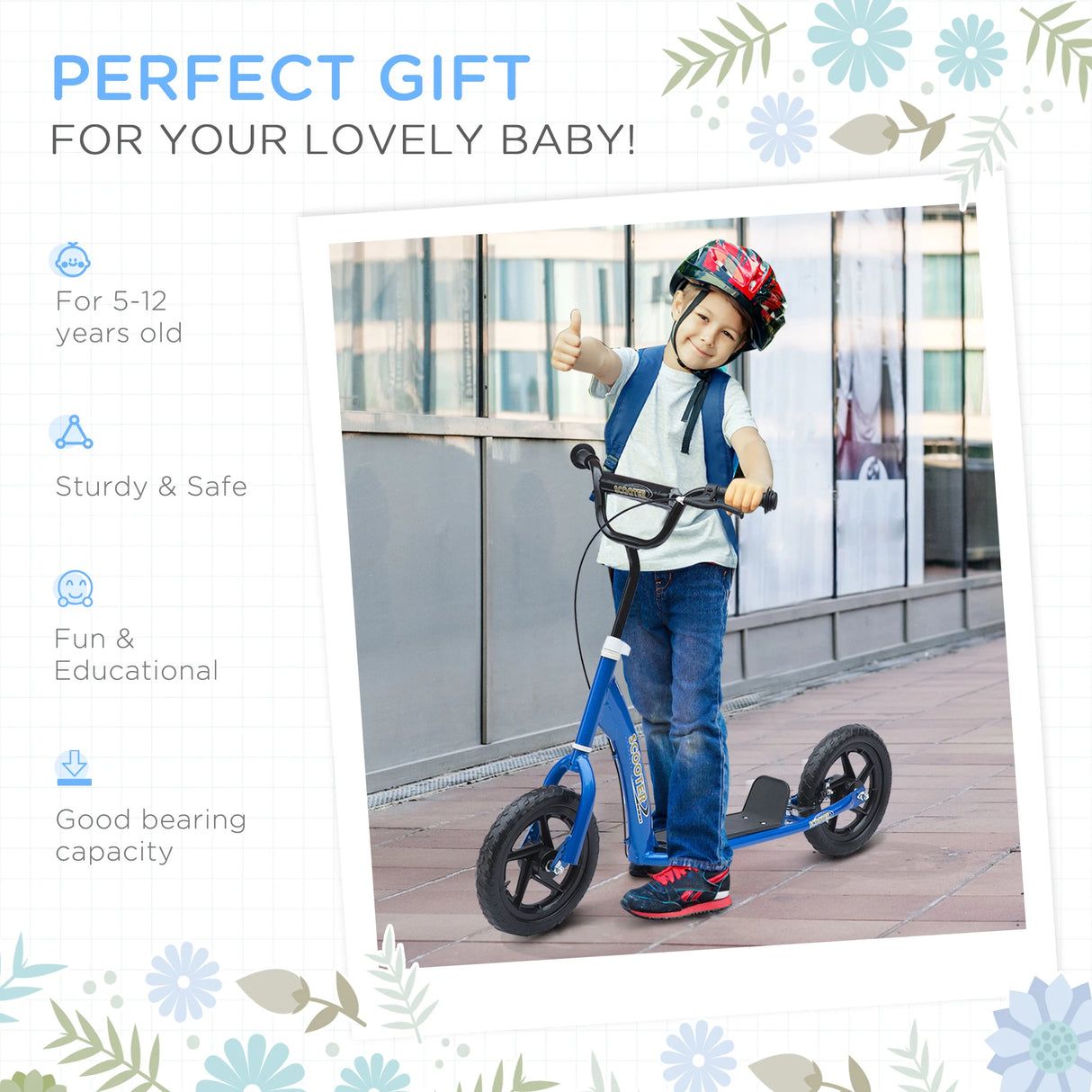 HOMCOM Kids Scooter Kick Scooter, with 12" EVA Tyres, Rear Brake, Big Wheels Scooter for 5-12 Years , Blue