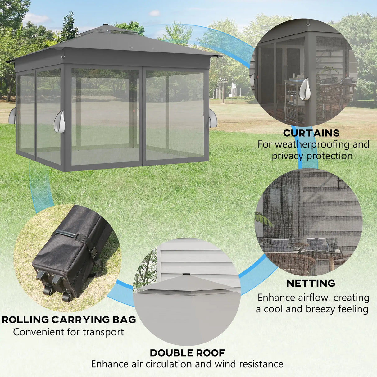 Outsunny 3.36 x 3.36m Pop Up Gazebo Party Tent with Solar-Powered LED Lights, Adjustable Event Shelter with Netting, Grey