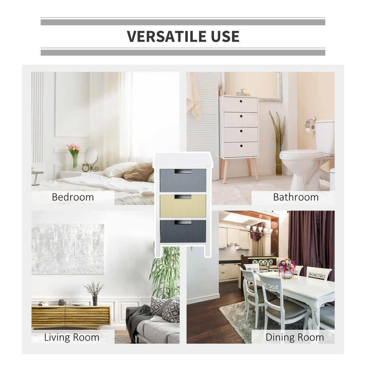 HOMCOM 3 Drawer Storage Tower, Dresser Chest with Wood Top, Organiser Unit for Closets Bedroom Nursery Room Hallway