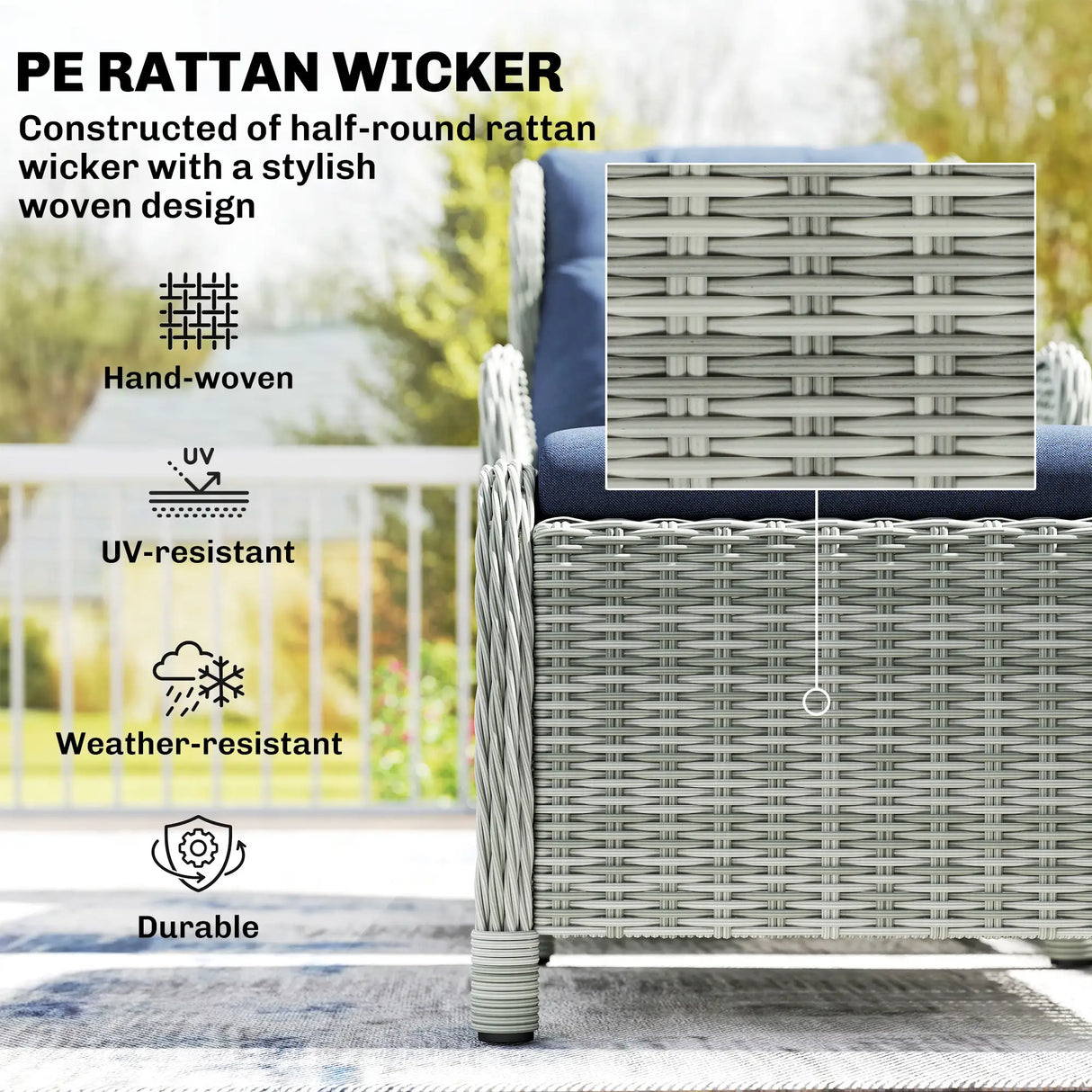 Outsunny 5 Piece Garden Furniture Set, Rattan Reclining Garden Chair Set of 2 with Footstool and Cushion for Balcony, Dark Blue
