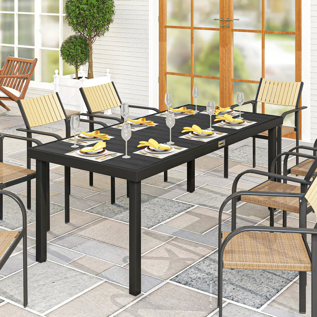 Outsunny Aluminium Outdoor Garden Dining Table for 8 People, Faux Wood Top, for Garden, Patio, 190 x 90 x 74cm, Black