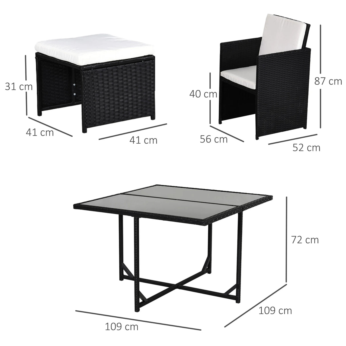 Outsunny 9 Piece Rattan Cube Garden Furniture Dining Set with Armchairs, Footstools and Glass-Top Table, Black