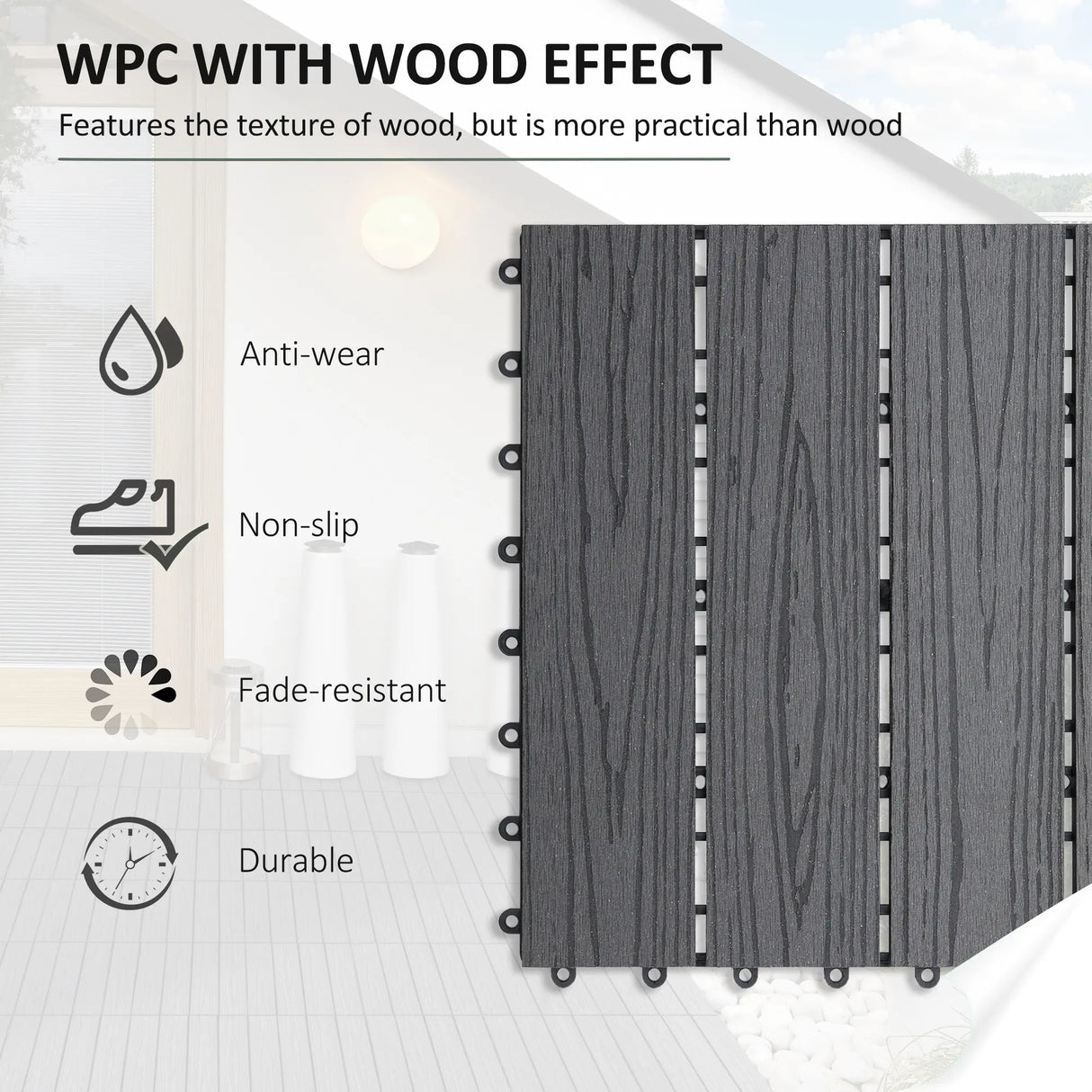 Outsunny WPC Interlocking Decking Tiles, Pack of 11 Interlocking Patio Paving Slabs, 30 x 30 x 2.2 cm, Grey