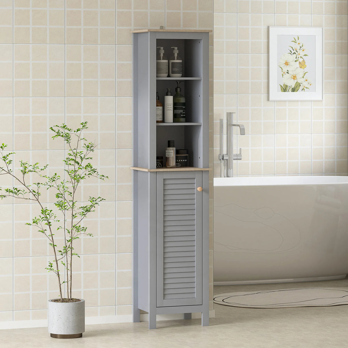 kleankin Bathroom Floor Storage Cabinet with 3 Tier Shelf and Cupboard with Door, Free Standing Linen Tower, Tall Slim Side Organizer Shelves, Grey