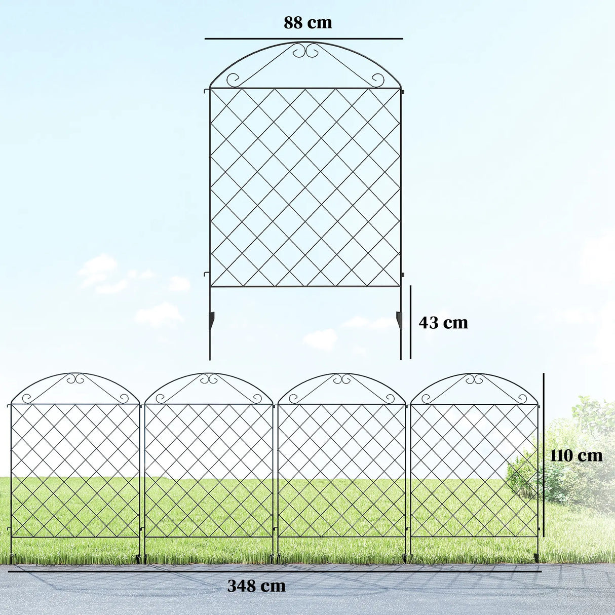 Outsunny Decorative Garden Fencing, 43in x 11.5ft Outdoor Picket Fence Panels, 4PCs Rustproof Metal Wire Landscape Flower Bed Border Edging, Black