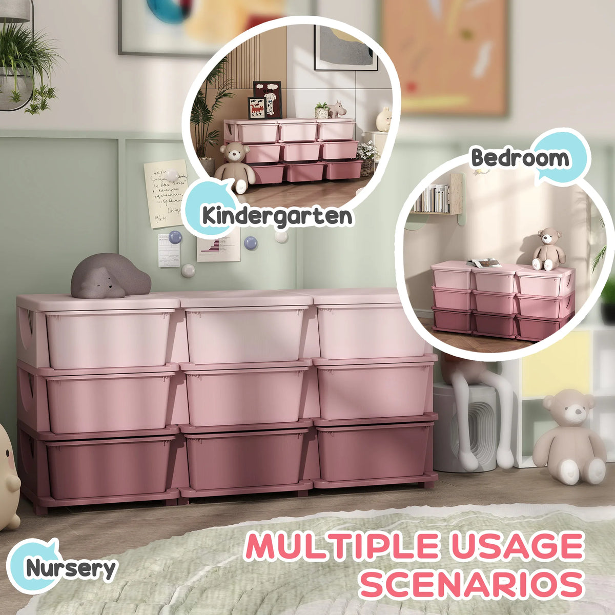 HOMCOM Kids Storage Unit, with Nine Drawers - Pink