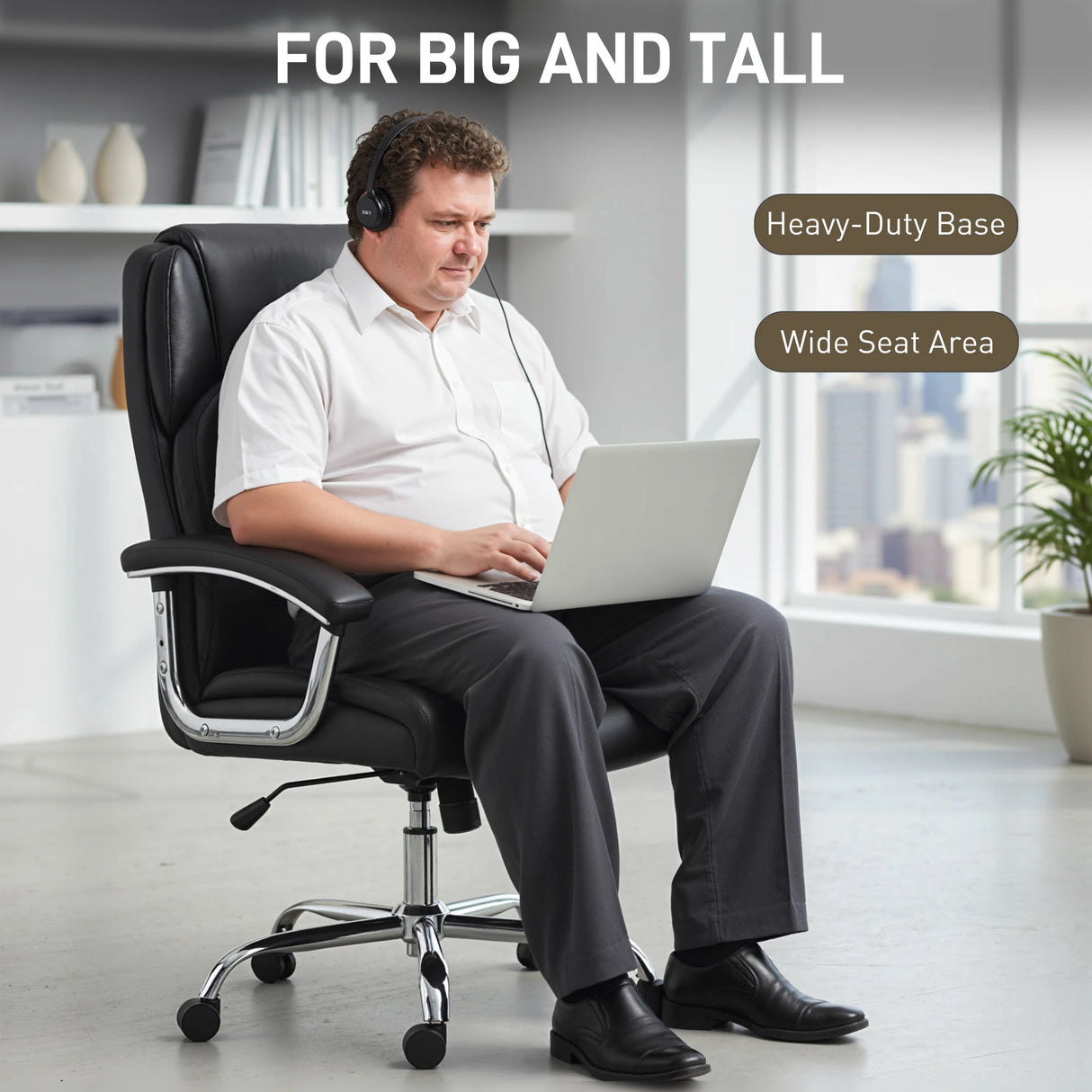 HOMCOM Big and Tall Office Chair 180kg with Spring Cushion, PU Leather - Black