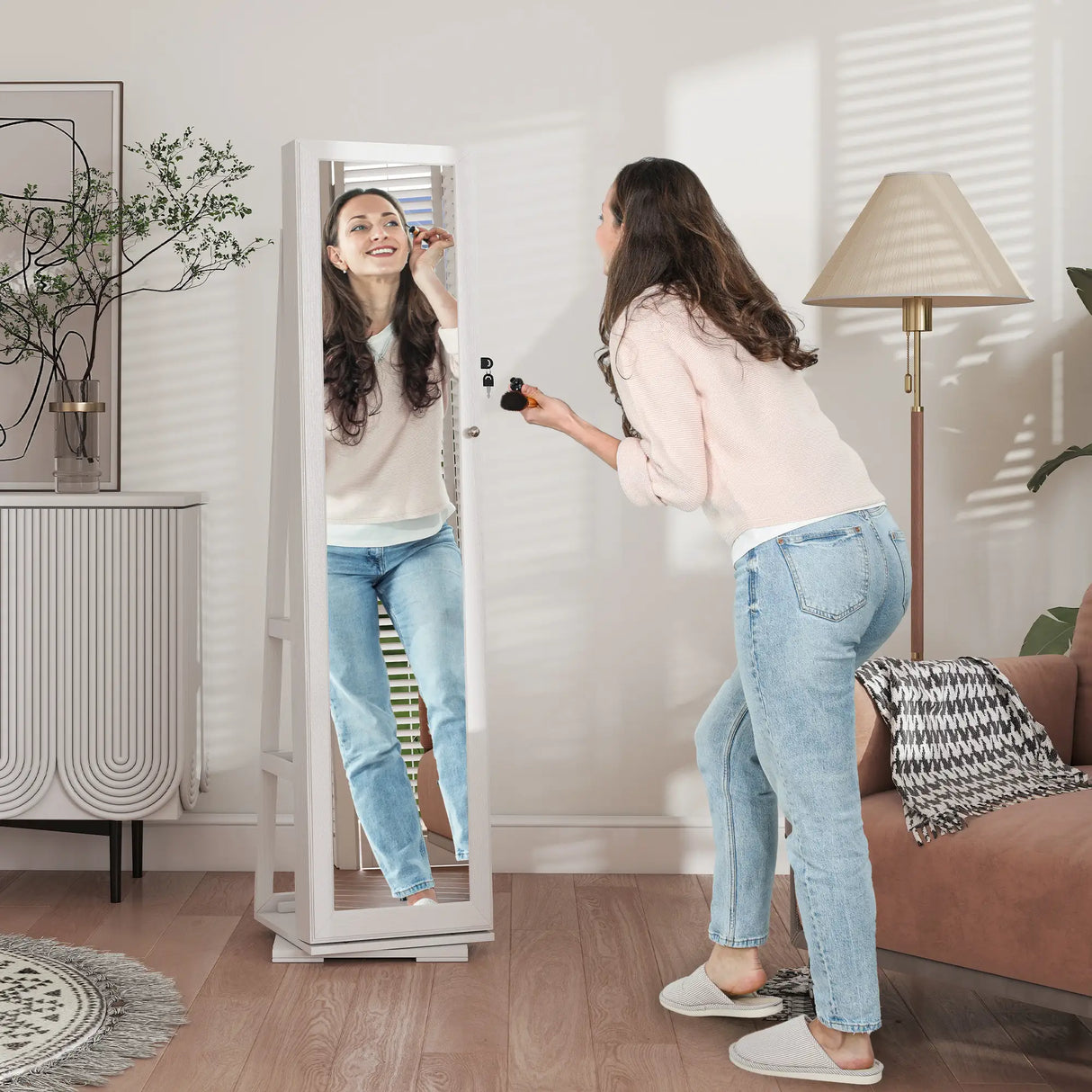 HOMCOM 360 Swivel Jewellery Cabinet, Free Standing Full Length Mirror with Storage, Lockable Jewellery Organiser with Built-in Makeup Mirror and Storage Shelves for Bedroom, White