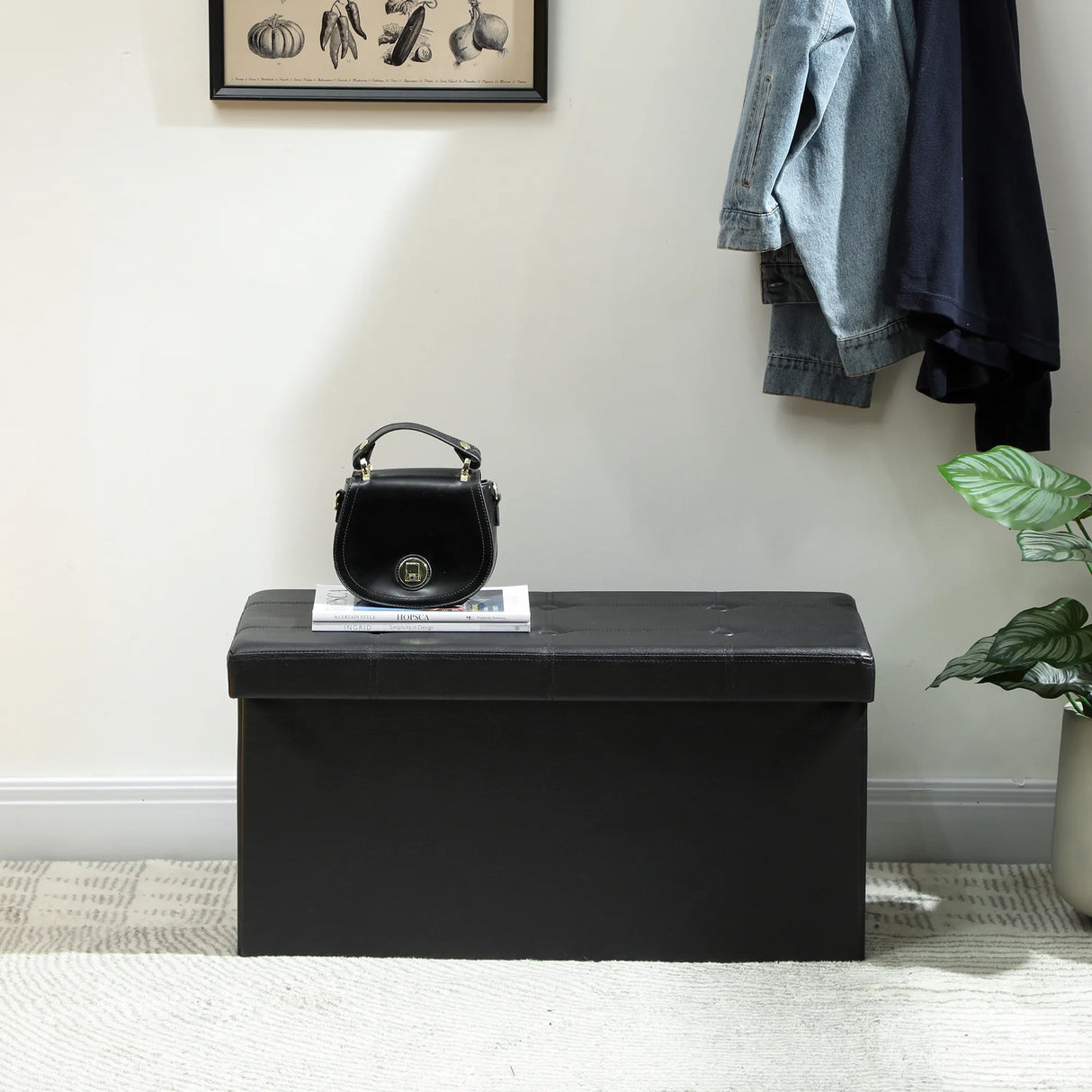 HOMCOM Storage Ottoman Bench, 89L PU Leather Folding Foot Rest Stool, End of Bed Bench, Easy Assembly, for Living Room, Bedroom, Entryway, Black