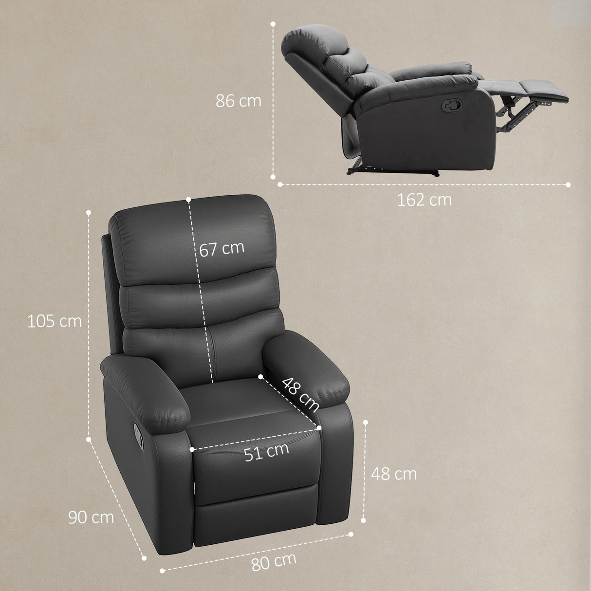 HOMCOM PU Leather Reclining Chair, Manual Recliner Chair with Padded Armrests, Retractable Footrest and Wood Frame, Black