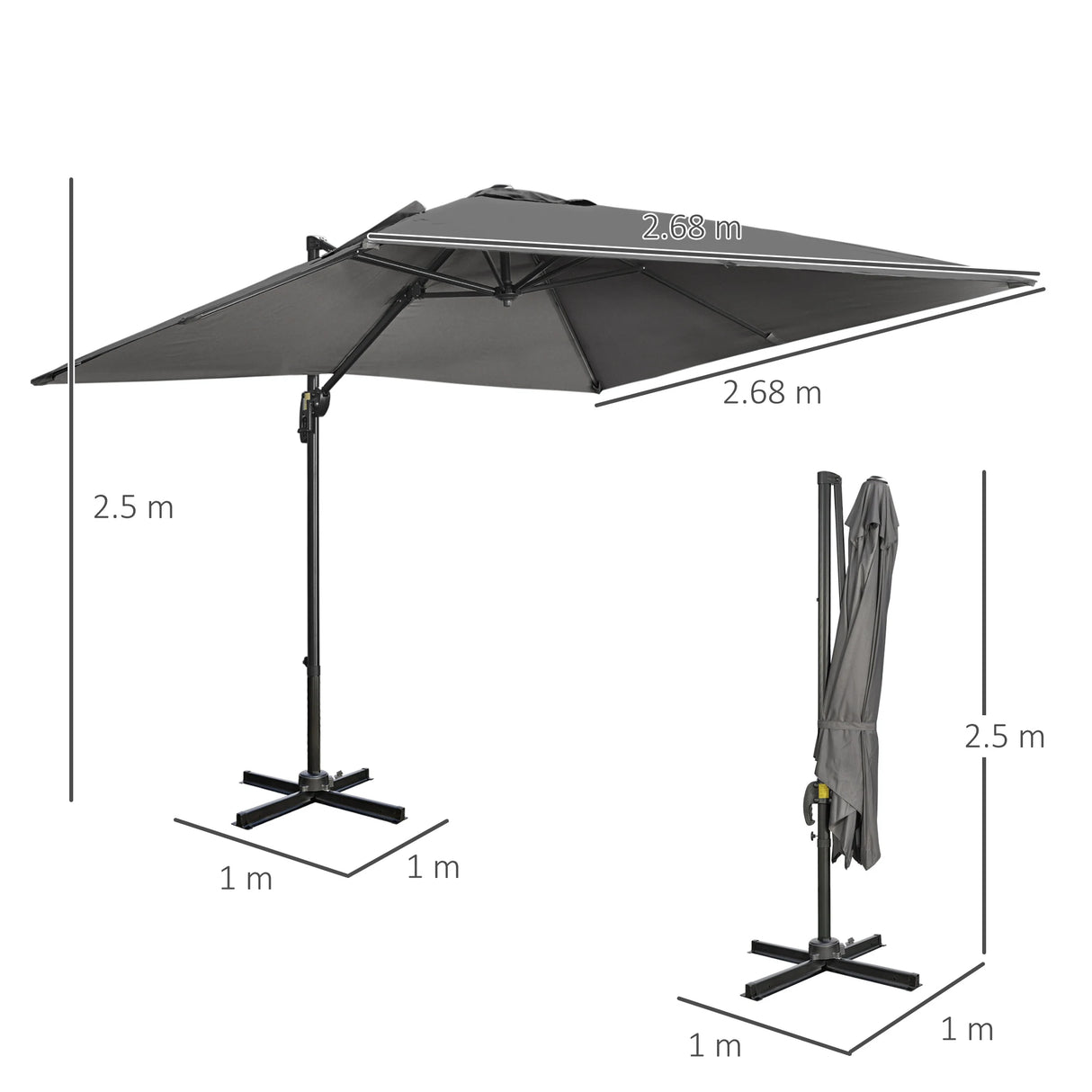 Outsunny 2.7 x 2.7 m Cantilever Parasol, Square Overhanging Umbrella with Cross Base, Crank Handle, Tilt, 360 Rotation and Aluminium Frame, Dark Grey