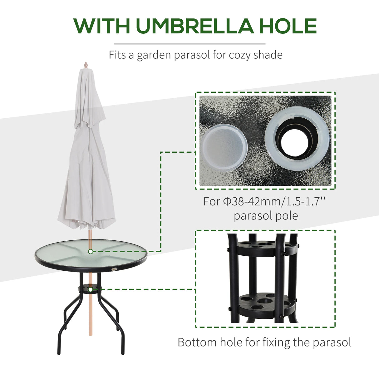 Outsunny 80 cm Round Garden Dining Table with Parasol Hole for 4, Outdoor Coffee Bistro End Side Table with Tempered Glass Top and Steel Frame for Patio, Porch, Black