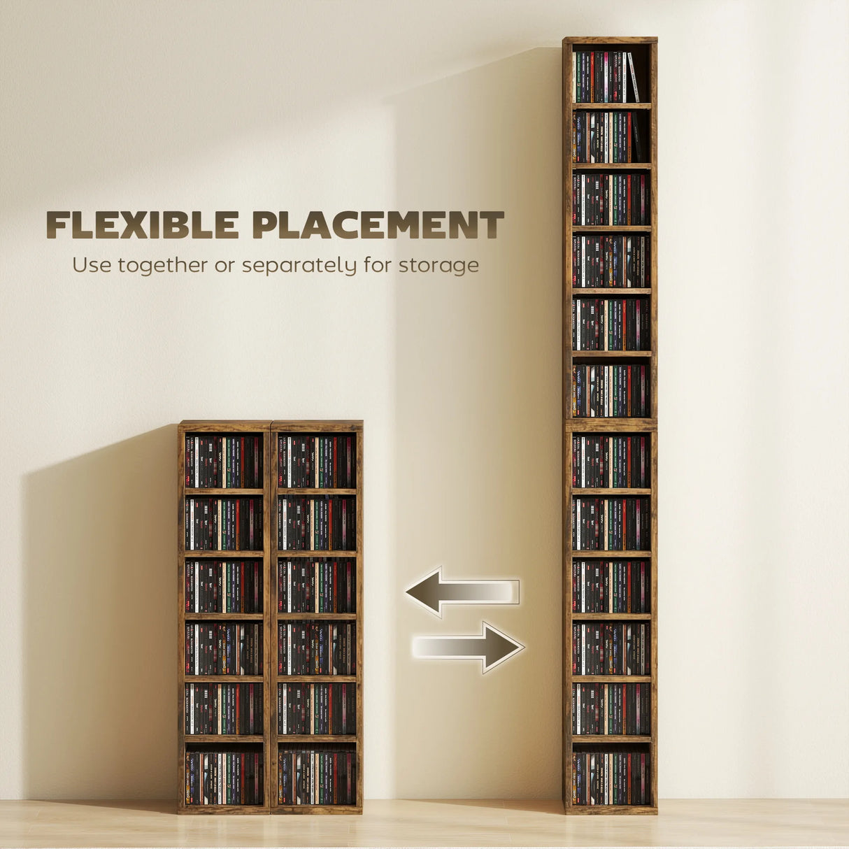 HOMCOM Set of 2 CD Media Display Shelf Unit Tower Rack with Adjustable Shelves, Rustic Brown
