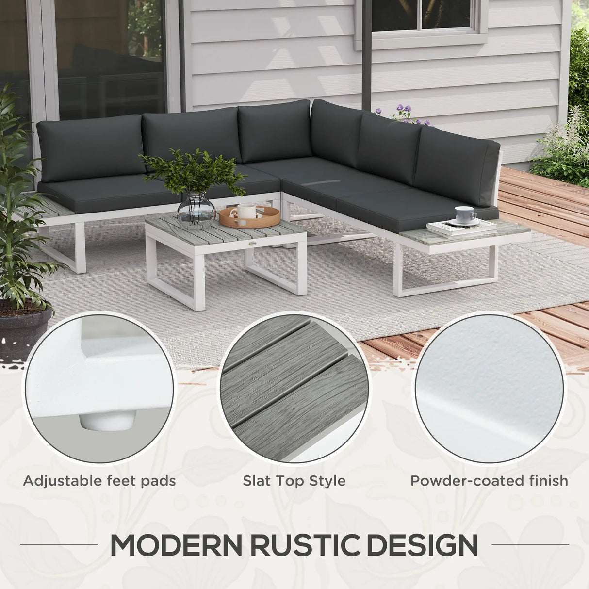 Outsunny 4 Pieces Garden Furniture Set, 5-Level Reclining Garden Corner Sofa Set, Outdoor Lounge Conversation Sectional with Cushions, Wood Effect Plastic Table, White Frame & Grey Cushion