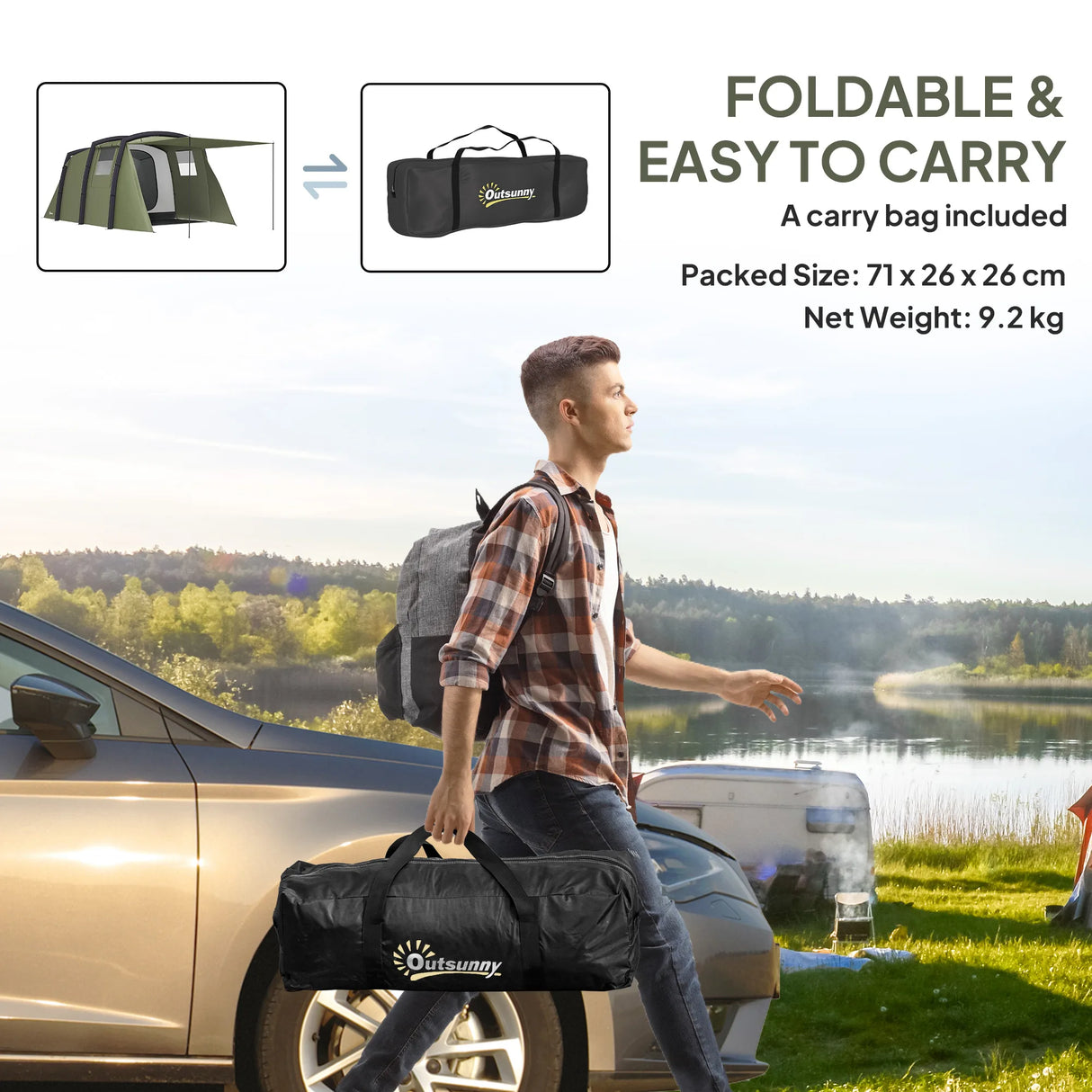 Outsunny Inflatable 3-4 Man Tunnel Tent w/ Air Pump, Living Area & Vestibule, Waterproof Family Camping Air Tent w/ Sewn In Groundsheet & Removable Footprint for Camping, Hiking, Olive Green