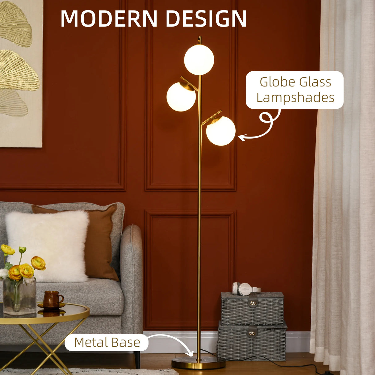 HOMCOM 3-Light Tree Floor Lamps for Living Room, Modern Standing Lamp for Bedroom with Globe Lampshade, 3000K/4000K/6000K Colour Temperatures, Steel Base, Gold Tone