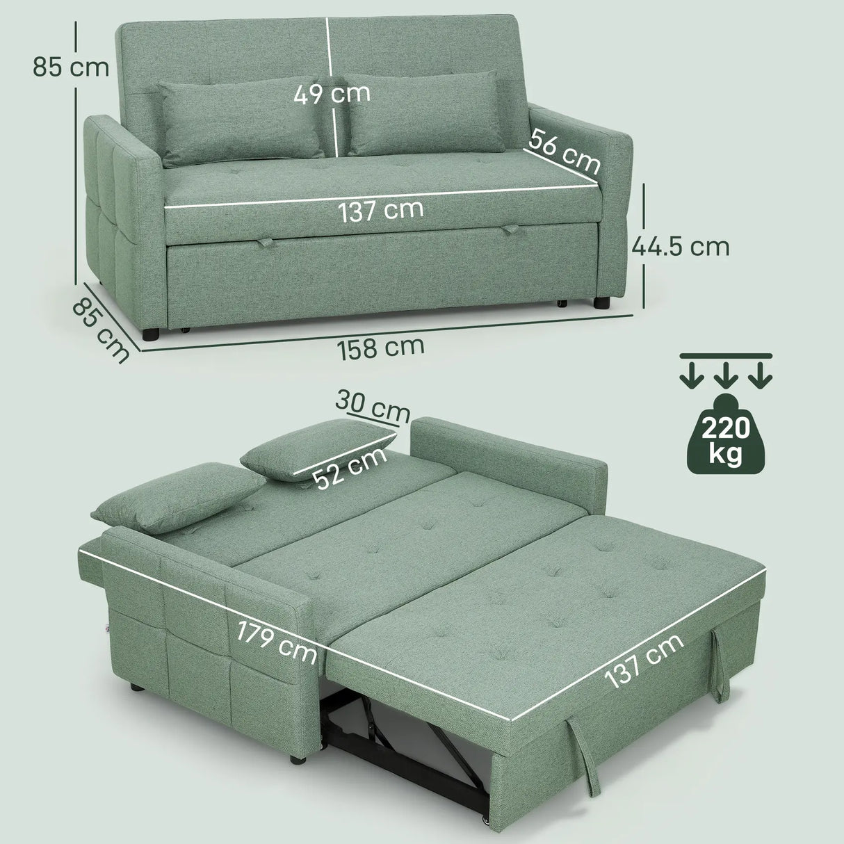 HOMCOM Three-Way Two-Seater Sofa Bed - Green
