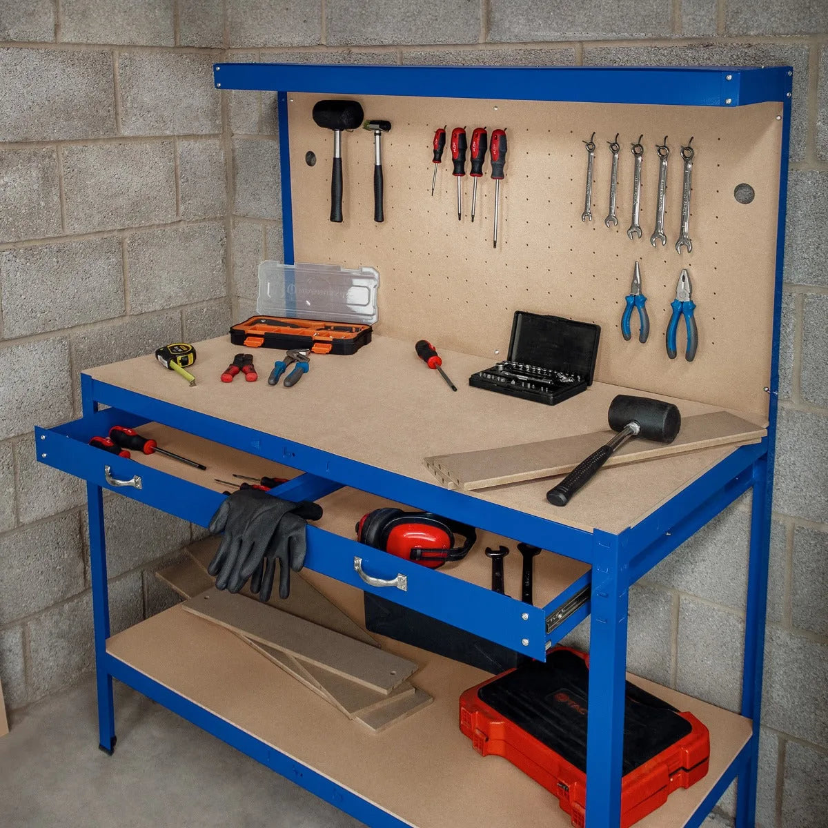 Workbench with Pegboard, Drawer & Light Blue