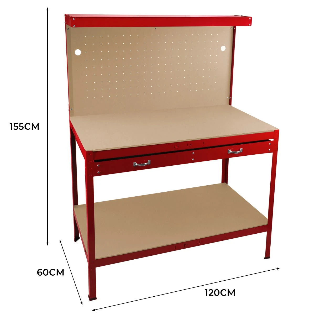 Workbench with Pegboard, Drawer & Light Red