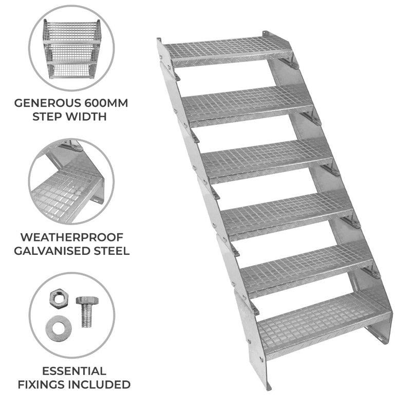 Adjustable 6 Section Galvanised Staircase - 600mm Wide
