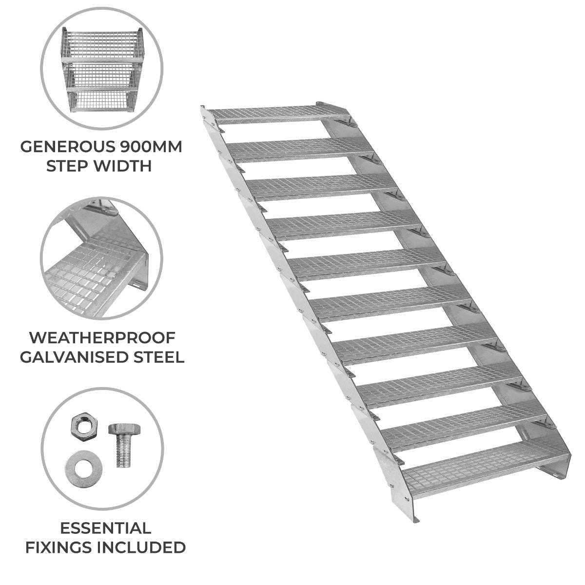 Adjustable 10 Section Galvanised Staircase - 900mm Wide