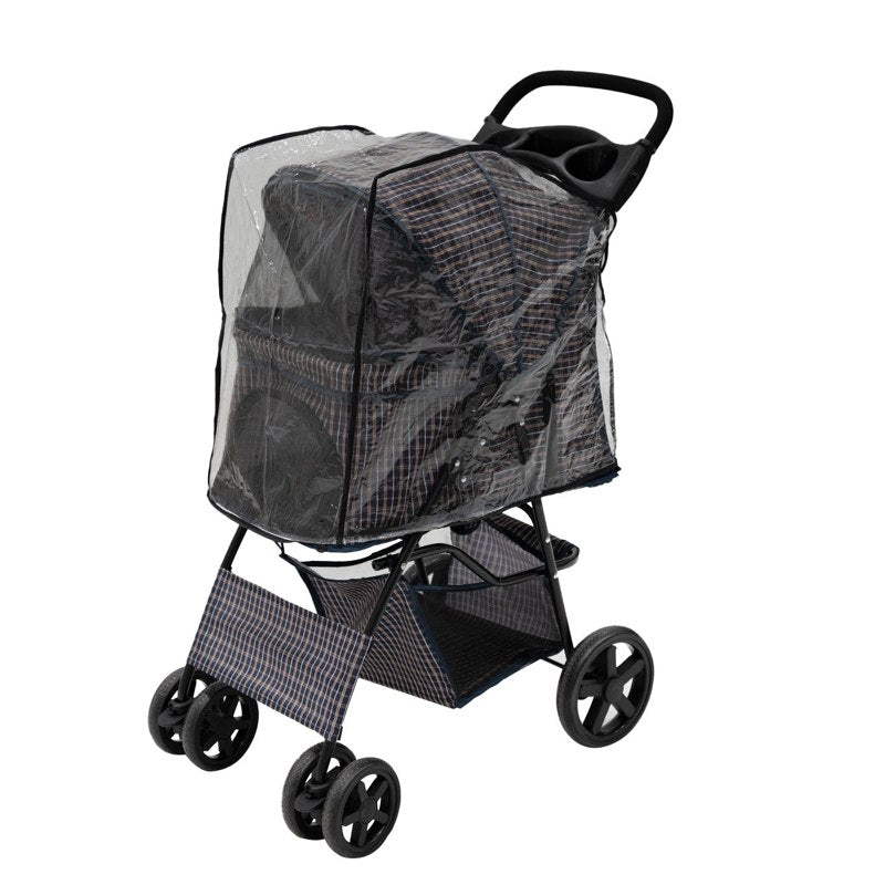 Pet Stroller with Rain Cover Blue Tartan