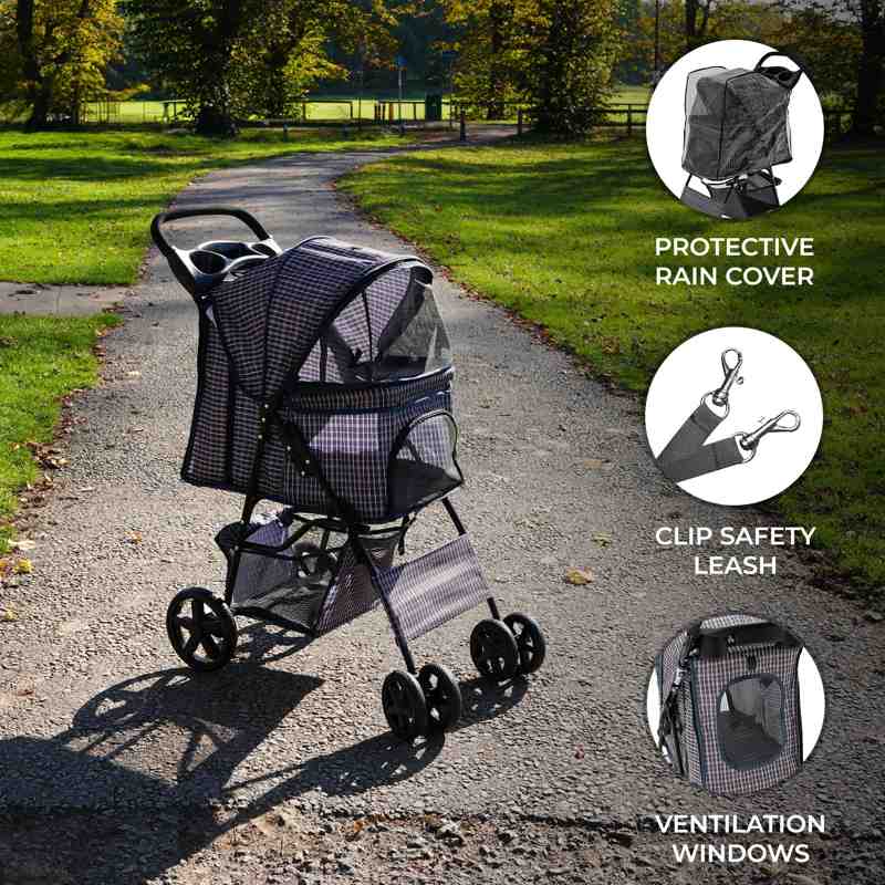 Pet Stroller with Rain Cover Blue Tartan